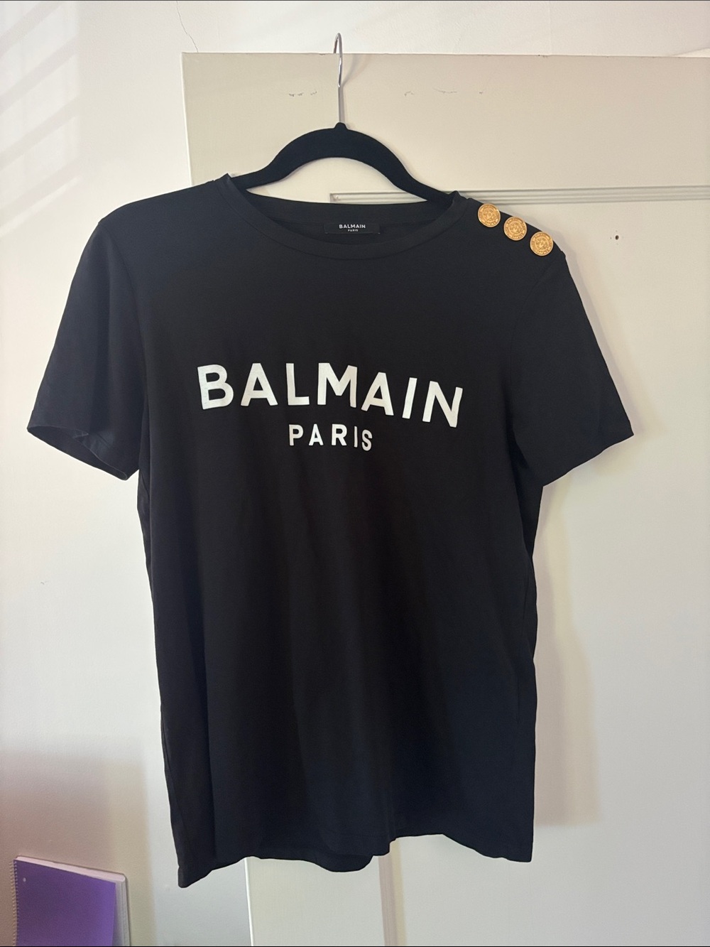 Balmain Black Crewneck T-Shirt with Gold Shoulder Buttons